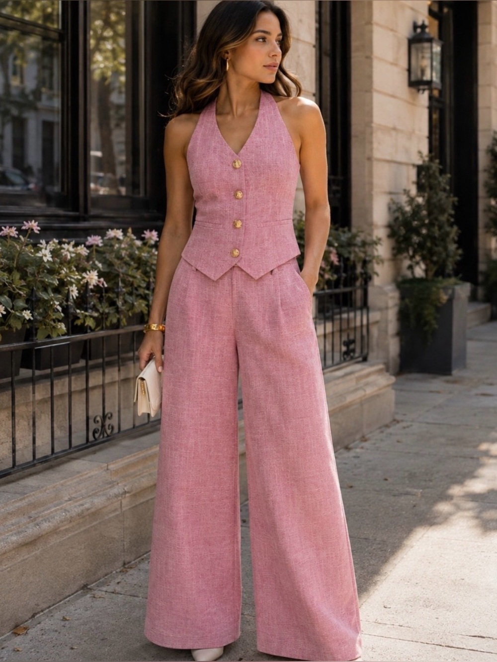 COMMENSE Pink Halter Vest & Wide-Leg Pants Set